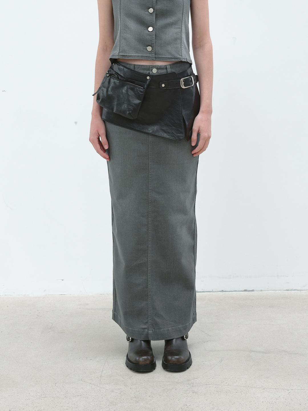 WASHED DENIM LONG SKIRT - GRAY