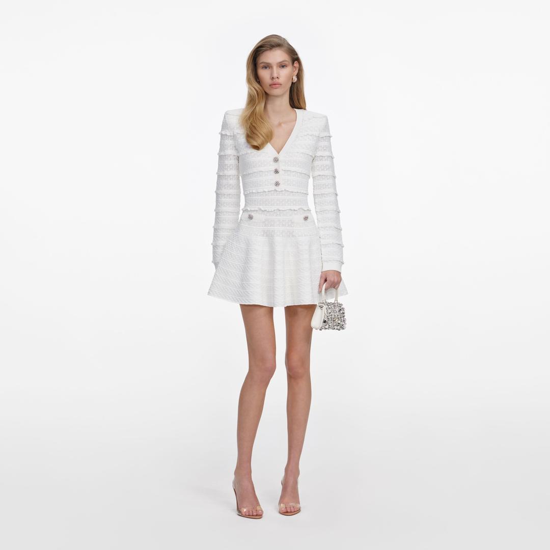 White Pointelle Diamante Knit Mini Dress - XS