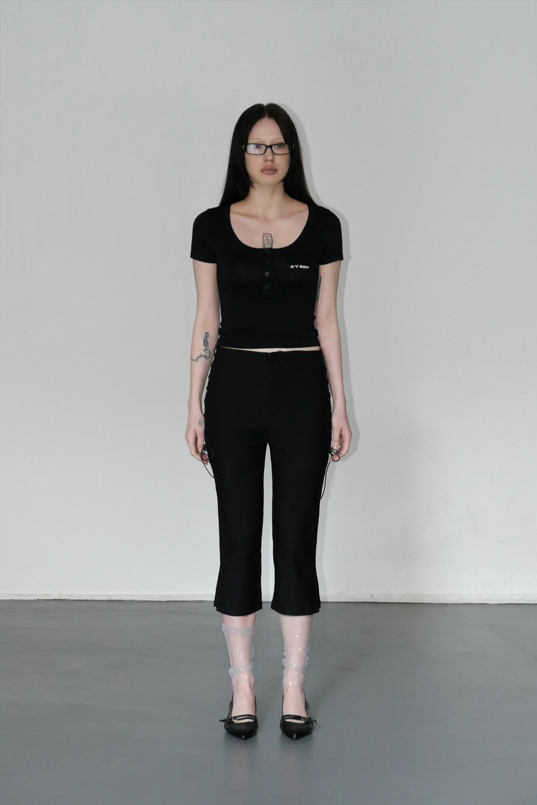 Basic Logo Button Short Sleeve Top - Black