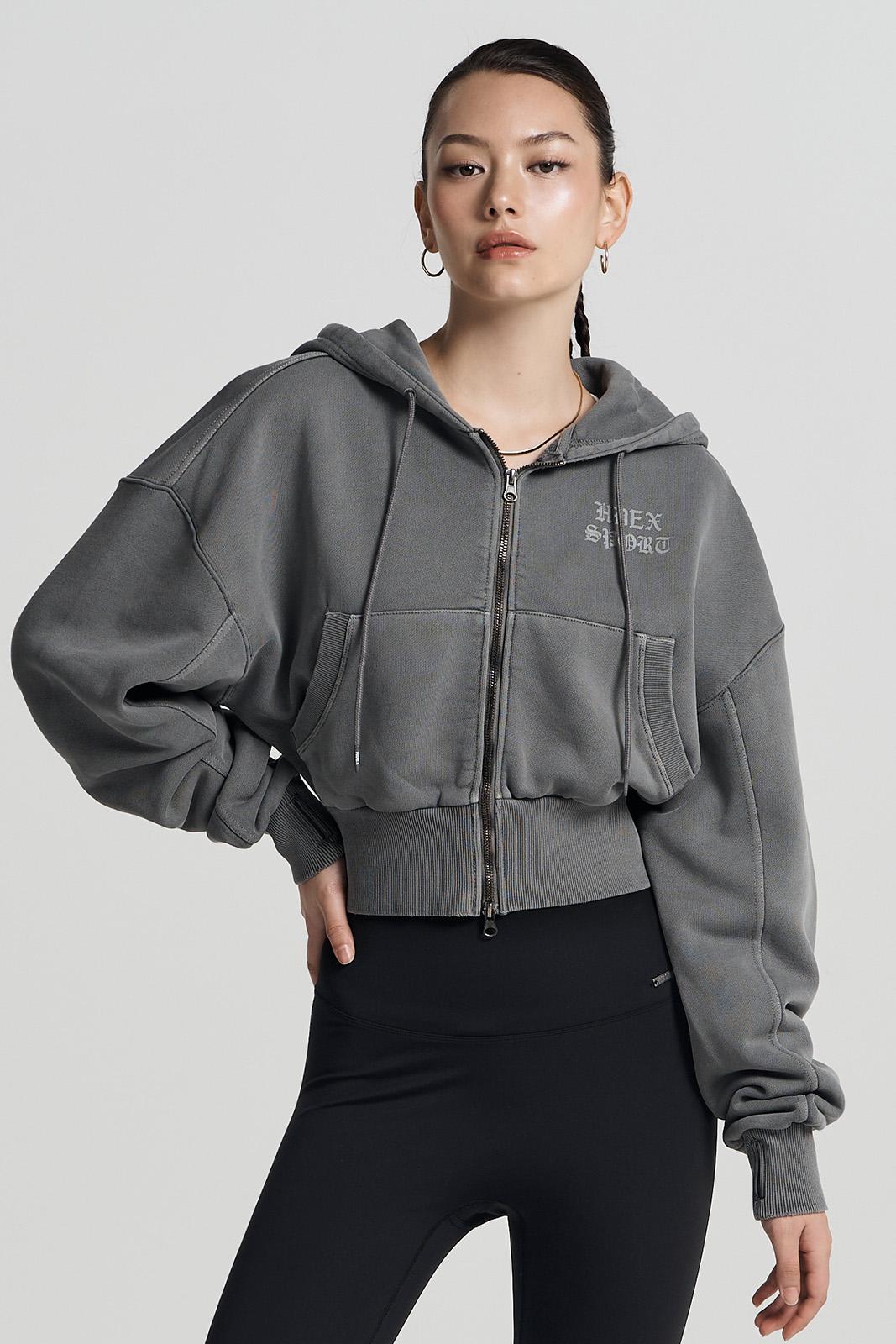 우먼스 레터링 피그먼트 크롭 후디 집업 (Pigment Gray)