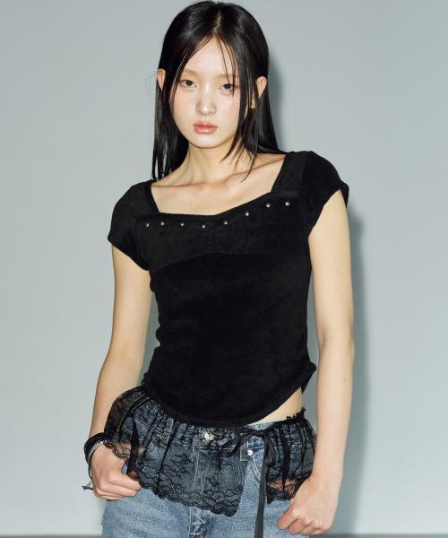 테리 스터드 스퀘어 하프 티셔츠 [블랙]