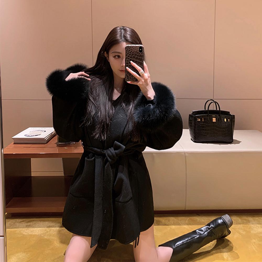 울100% 폭스퍼100% 핸드메이드 소매퍼 하프 코트