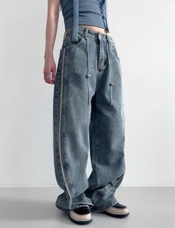 wave fringe silver ball belt set denim pants