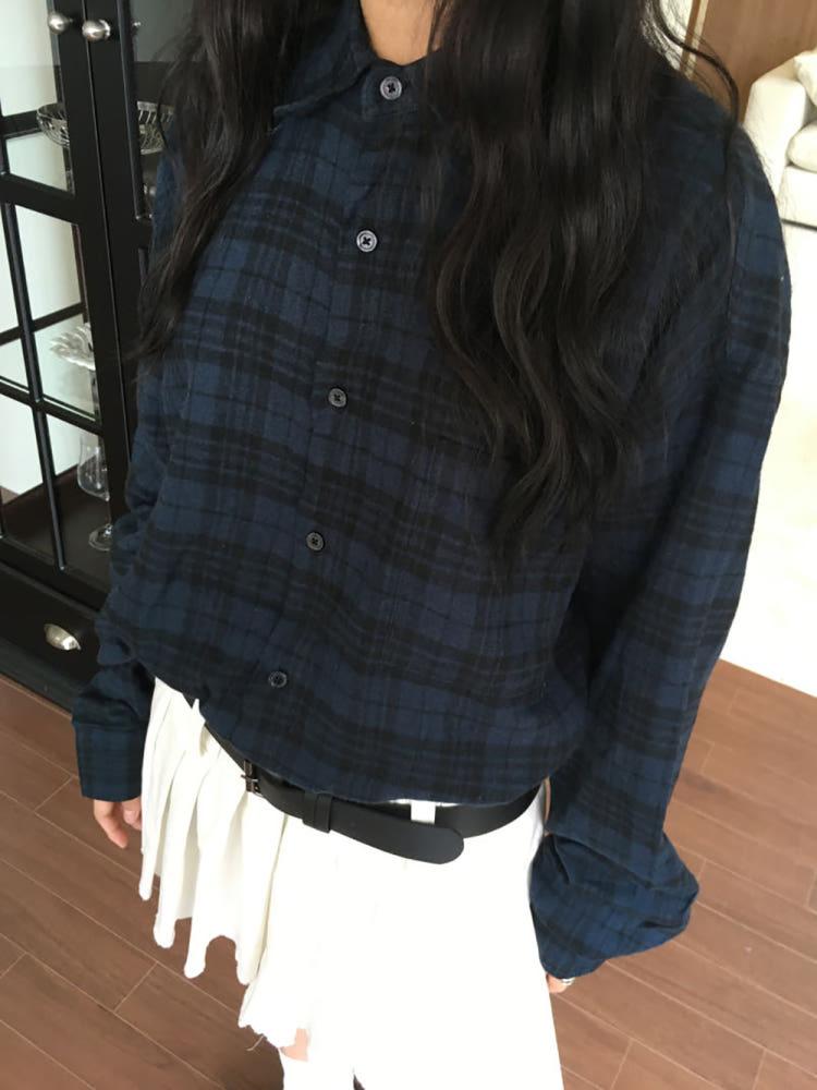 유니섹스 아이보리 네이비 체크 긴팔 셔츠 2c