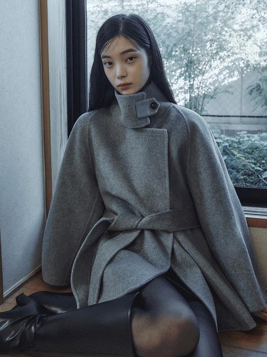 Light high-neck cashmere short coat_Grey