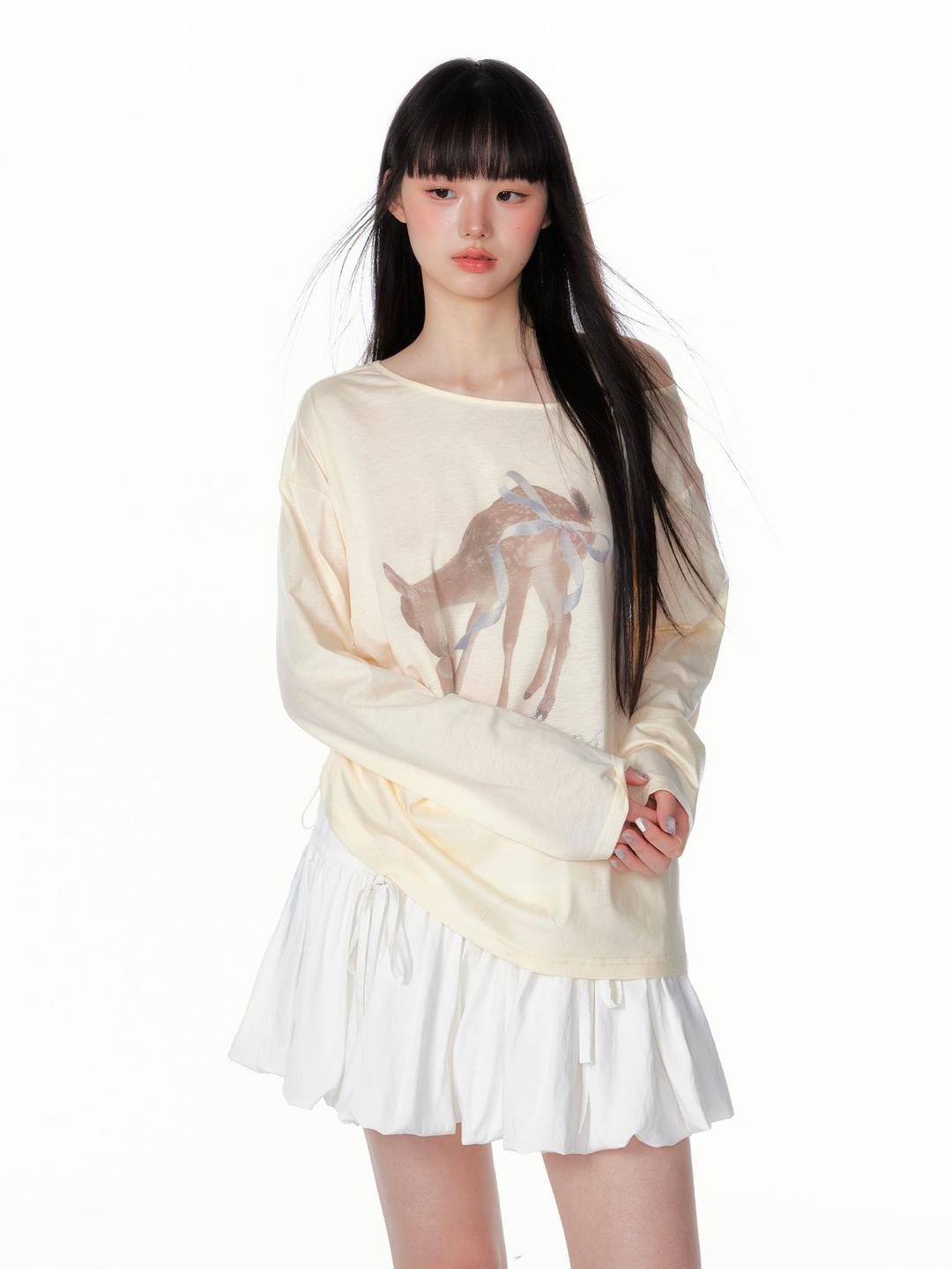 chaoschaos  사슴 프린트 비대칭 숄더 쿨링 티셔츠