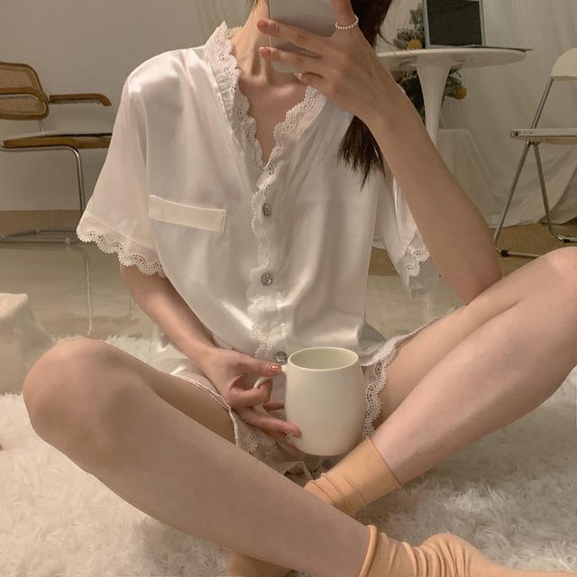 여름 실크 레이스 v넥 반팔 셔츠+반바지 투피스 세트 홈웨어 파자마 잠옷 2color