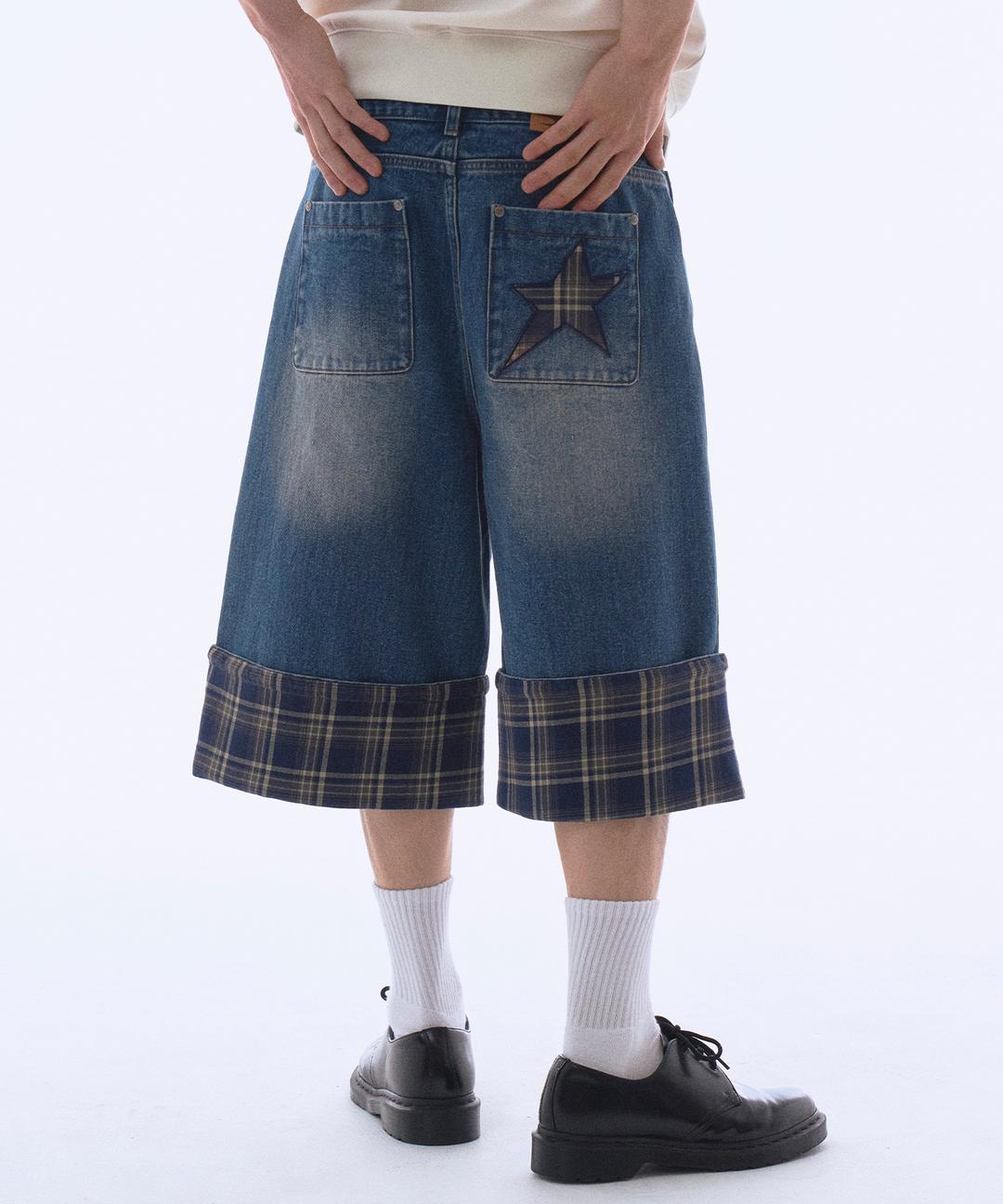 데님 체크 콤비네이션 버뮤다 쇼츠 블루