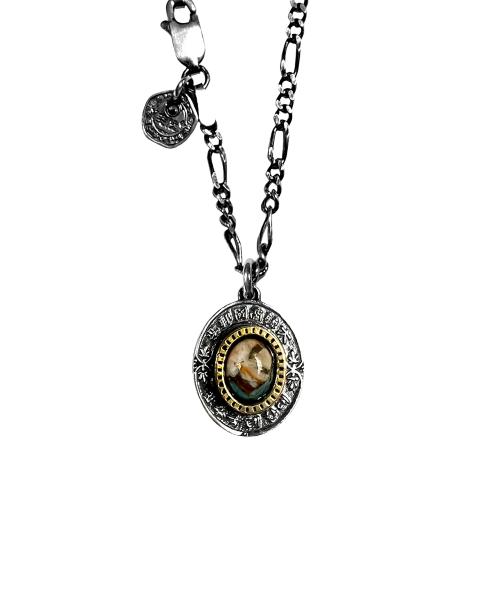 [실버 925] 타원 이화 우표 목걸이 (오렌지 오이스터 터키석)