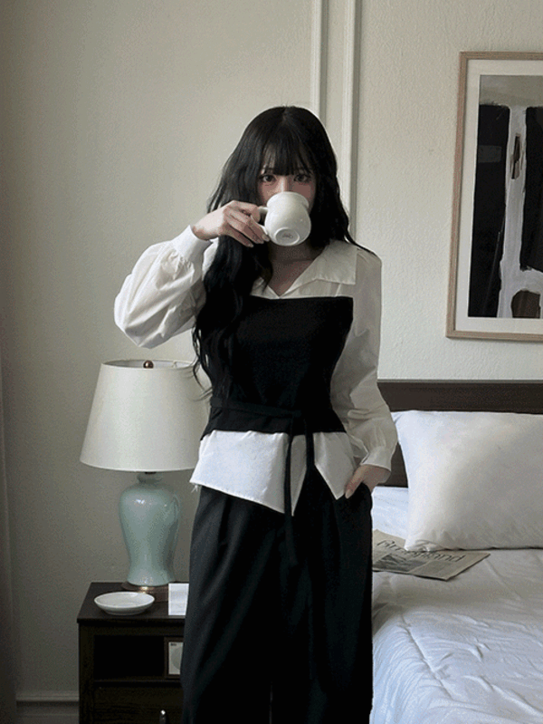 ｢초커ＳＥＴ｣ 아이린 탑 레이어드 퍼프 블라우스 셔츠 - 2colors