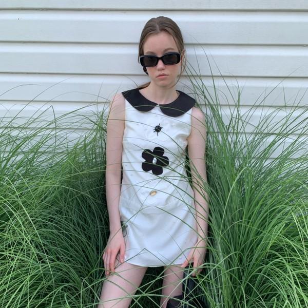 MORN light pearl satin beaded color matching flower doll collar dress