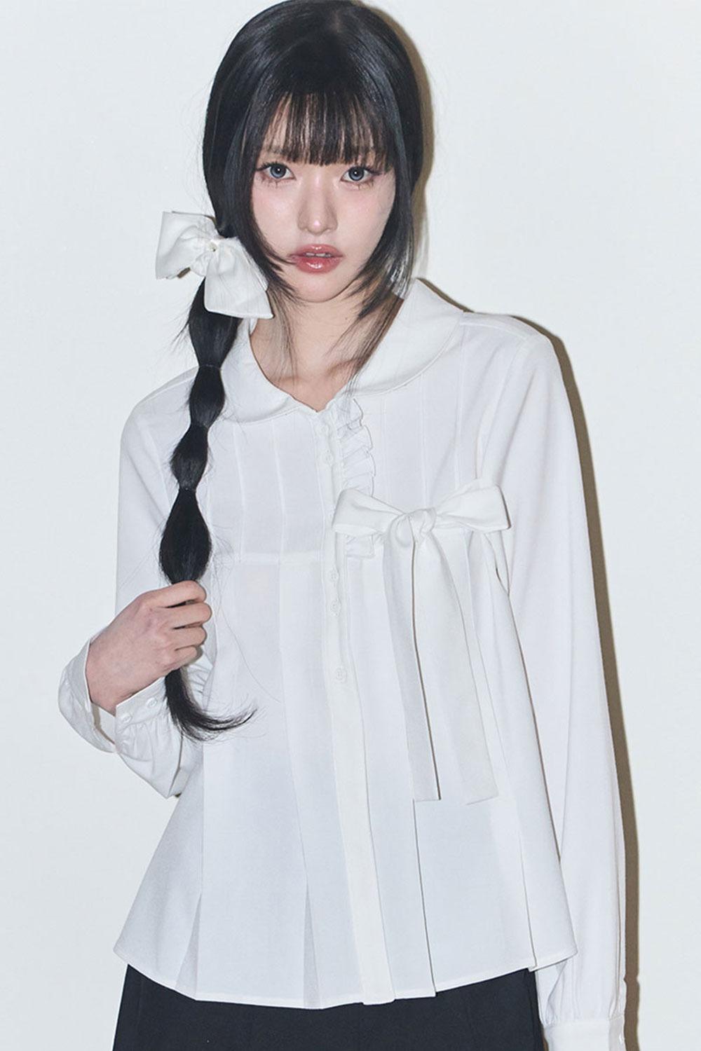 리본 플리츠 블라우스 화이트