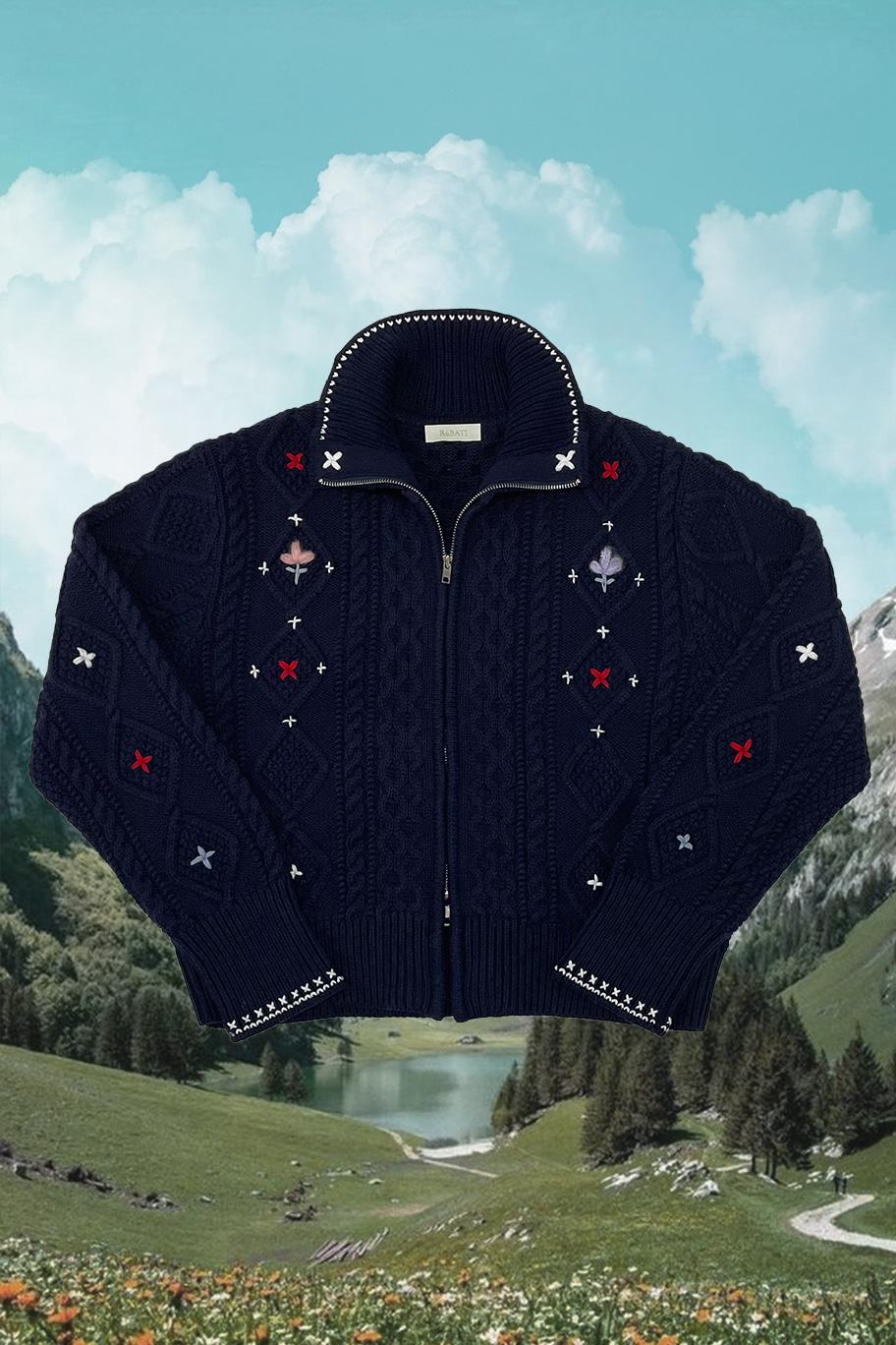 Alps Knit Zip-up Cardigan Flower Stitched by Hand_NAVY