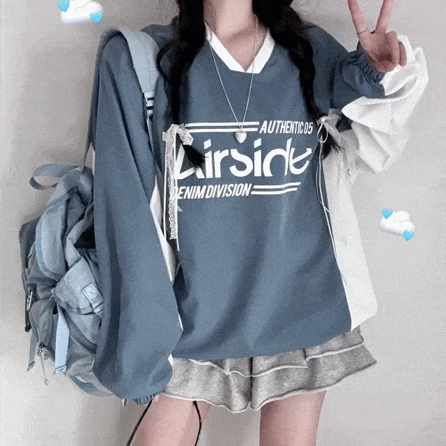 [바스락~/핏조절가능!] 아이스 에어 바스락 배색 브이넥 오버핏 긴팔 맨투맨