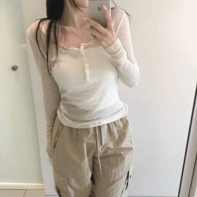 [자체제작] 블러 텐셀70% 울30% 버튼 시스루 골지 티셔츠 -5 color