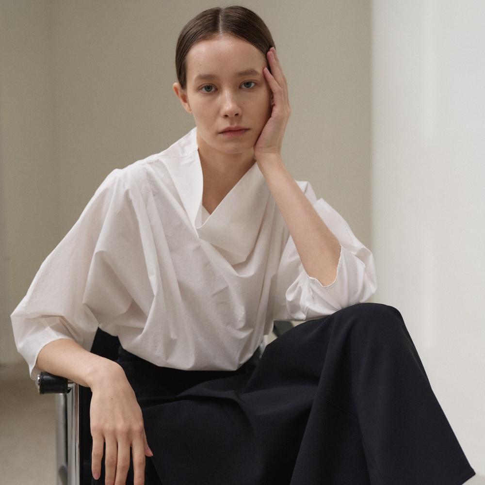 Cotton Poplin Draped High Neck Dolman Sleeve Blouse