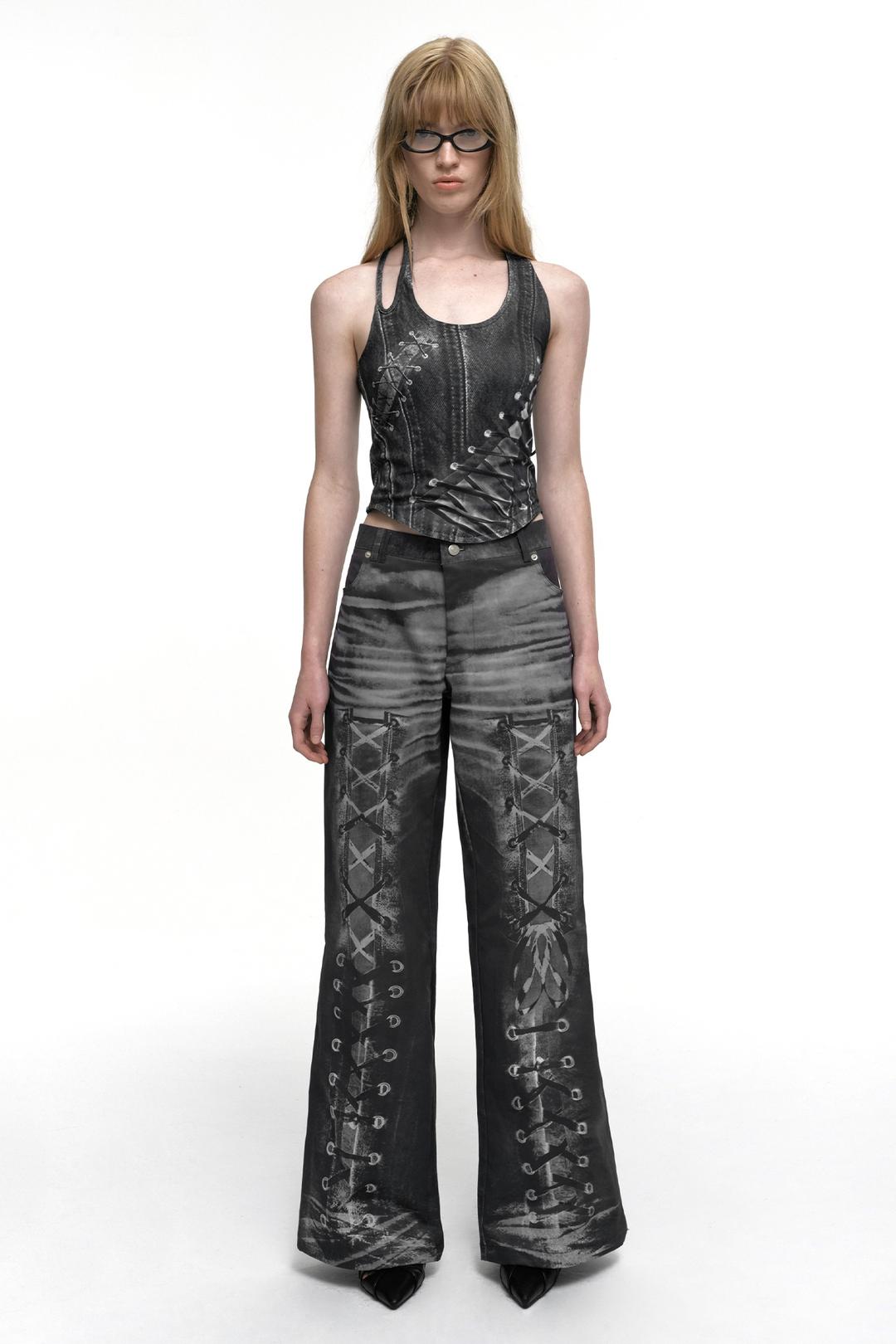 RACE UP PRINTED PANTS BLACK