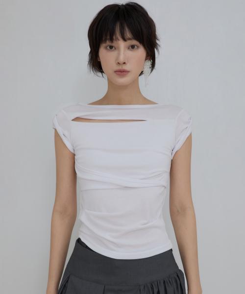 Asymmetrical Draped Roll-Up T-Shirt (FL-165_White)