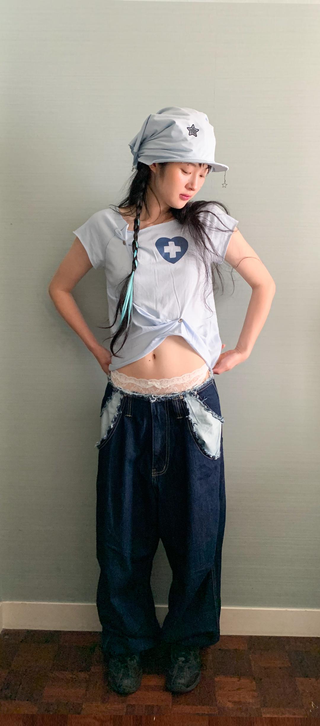 2차★[F.E.E.S] button up zodiac half T-shirt (sky blue)