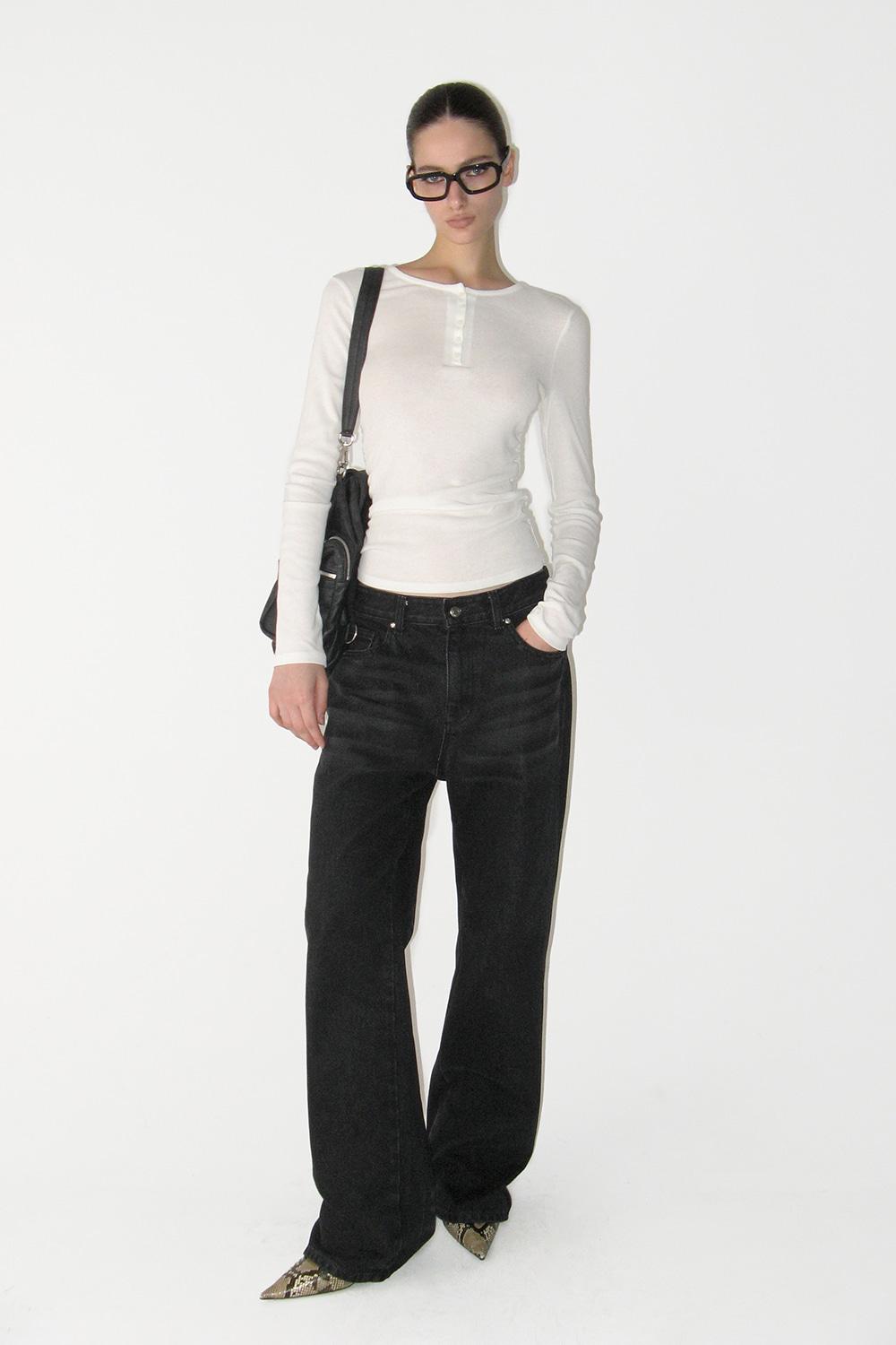 Henley Neck Shirring Long Sleeve Top, IVORY