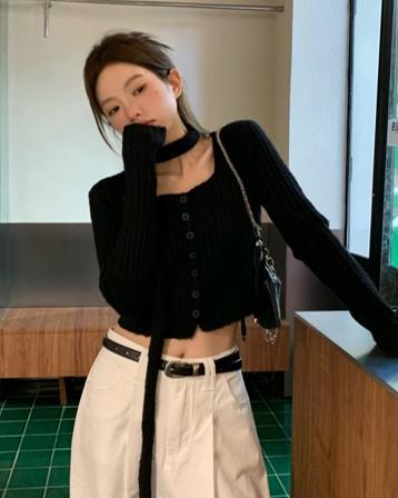 [당일/Sale] [AboutU] 시크 크롭 골지 니트 타이 셋업 /1Color