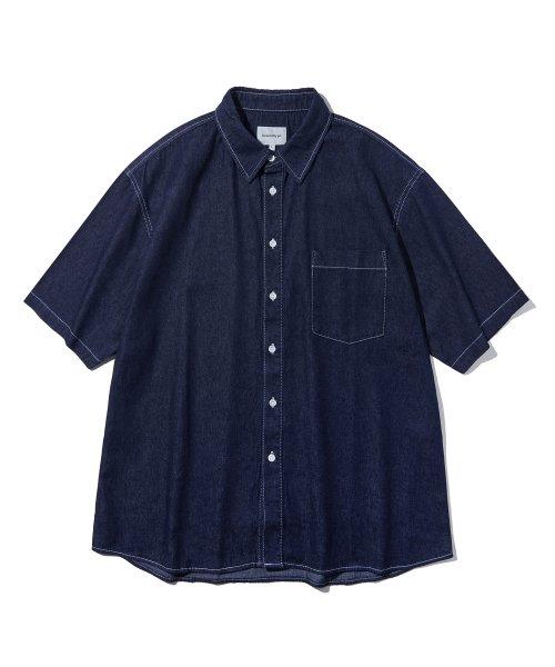 스티치 데님 반팔 셔츠_인디고_CL141