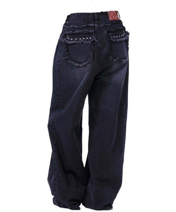 수술 뒷포켓 스터드 흑청 와이드 데님팬츠