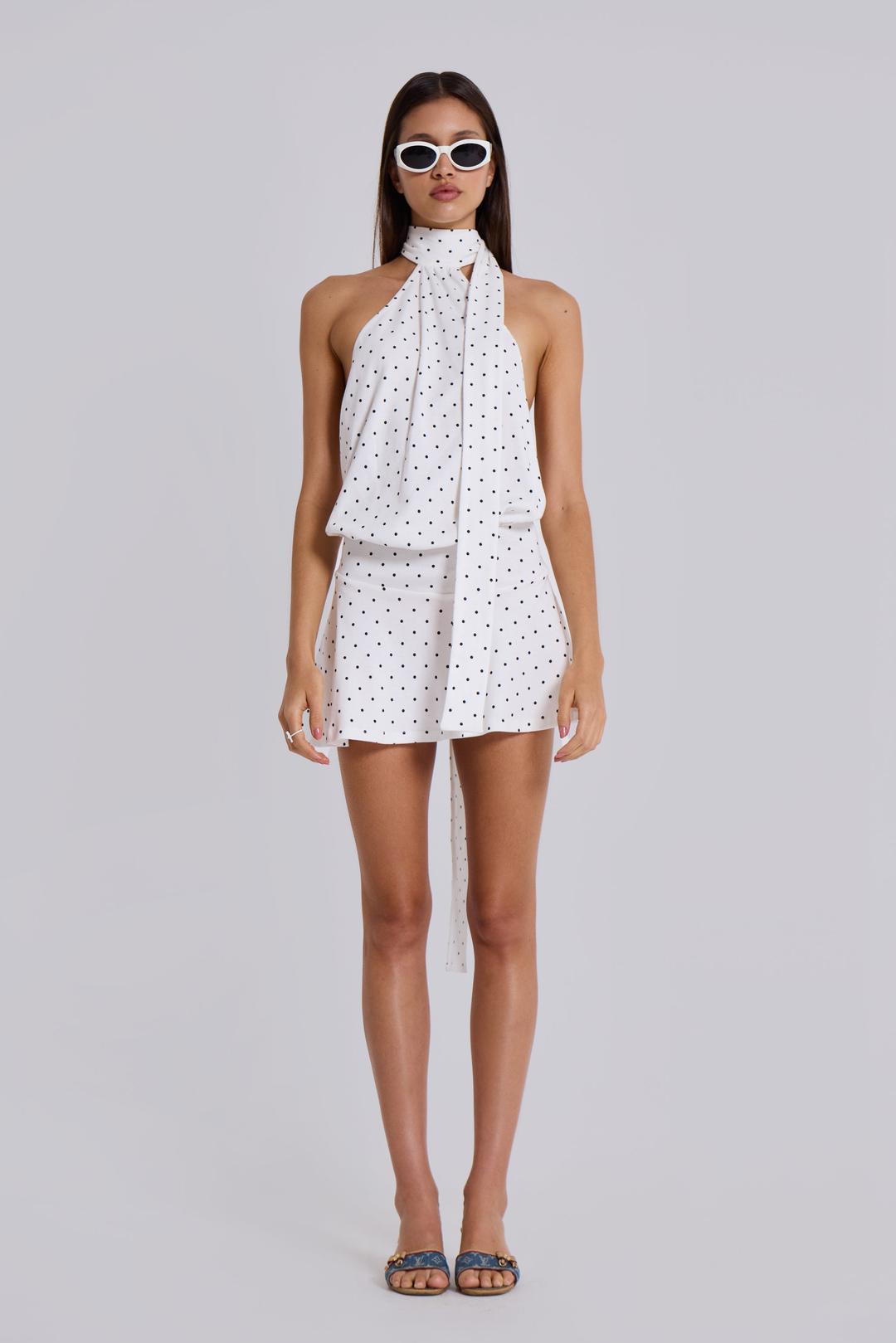 Enya Backless Mini Dress in Polkadot - UK 10 / White