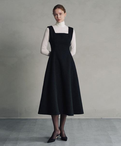 울 트위드 볼륨 롱 드레스_블랙