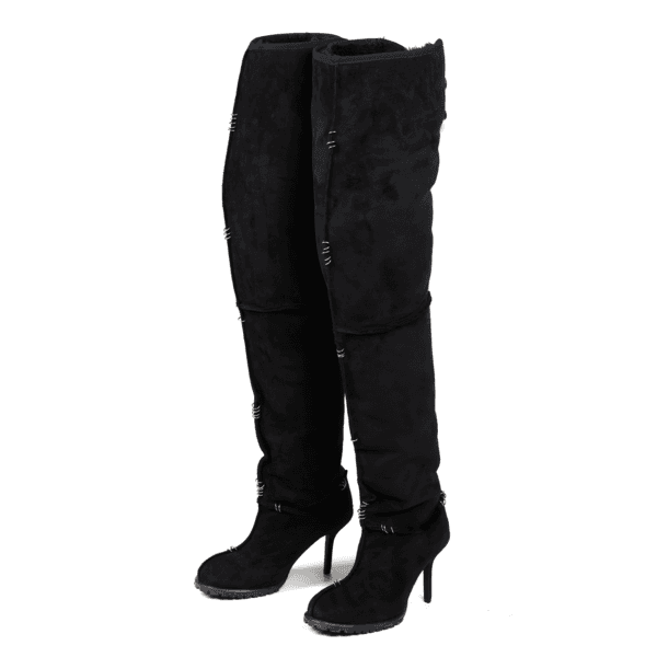 PIERCED THIGH-HIGH SUEDE SHEARLING HEELED BOOTS