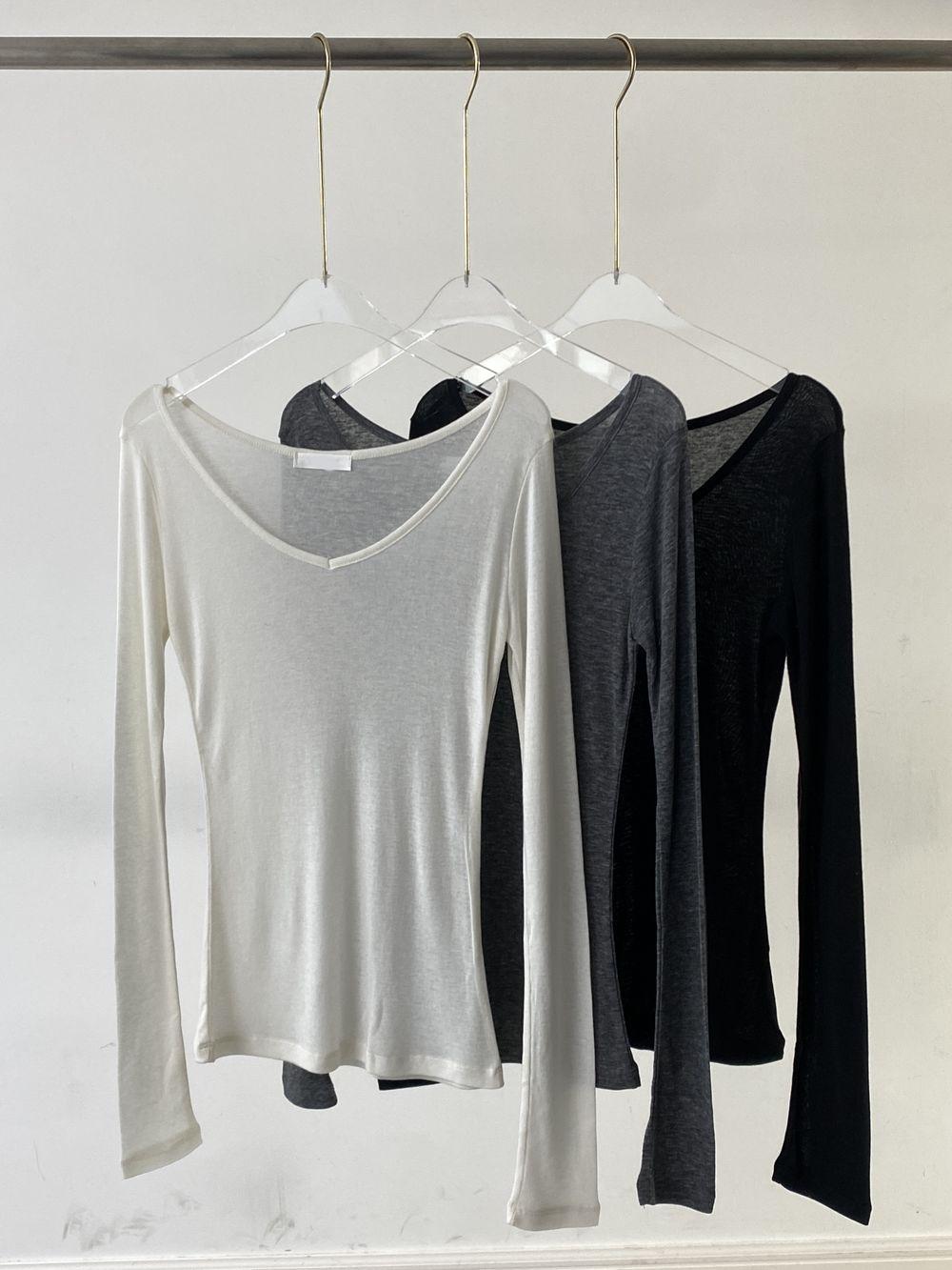 [슬림/허리만살짝여유핏] 텐셀 시스루 브이넥 긴팔티 3컬러