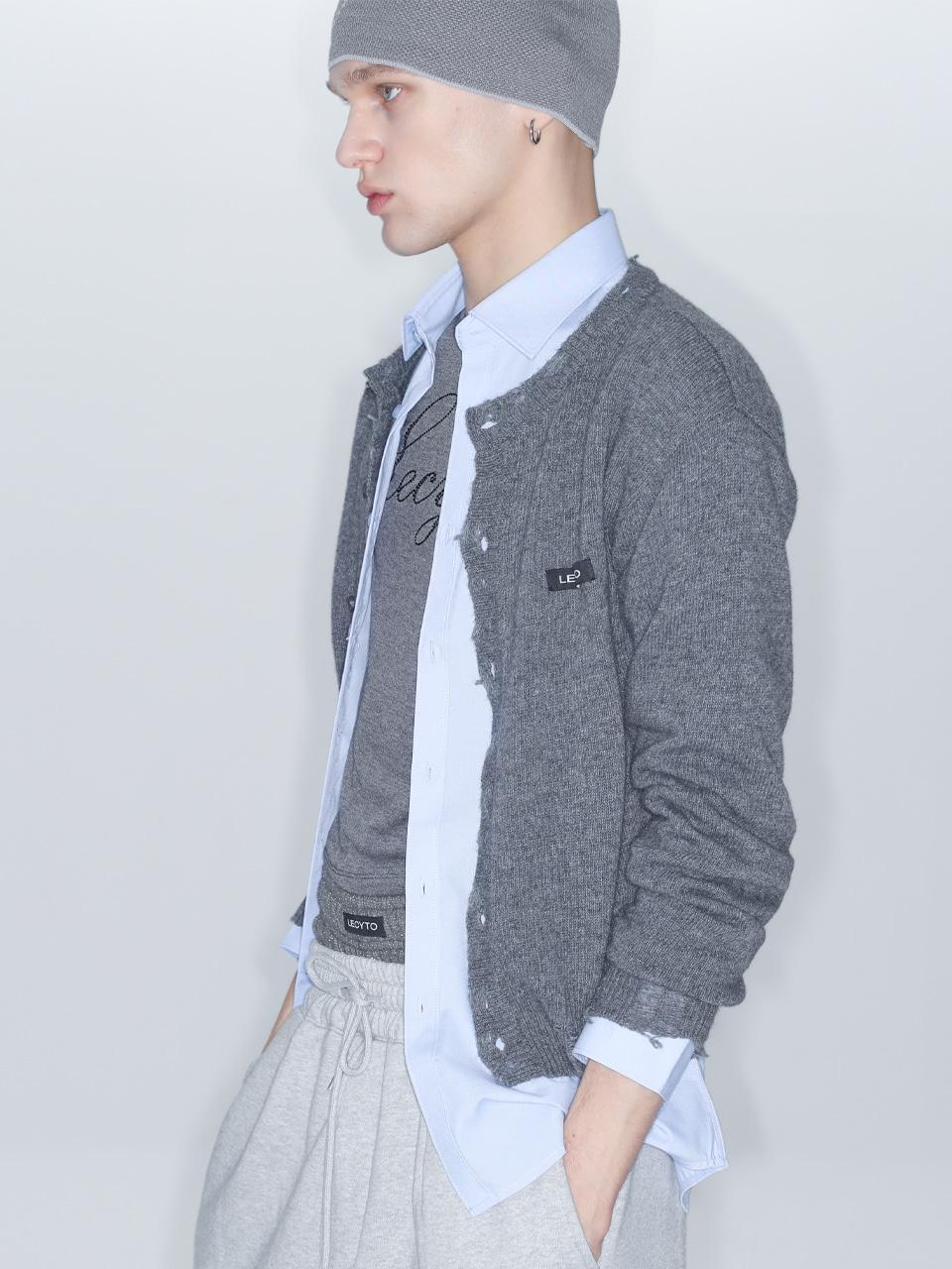 Destroyed Round Wool Knit Cardigan_[Charcoal]