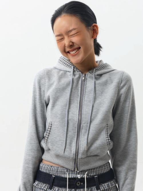 체크 엔딩 데일리 후드집업_회색
