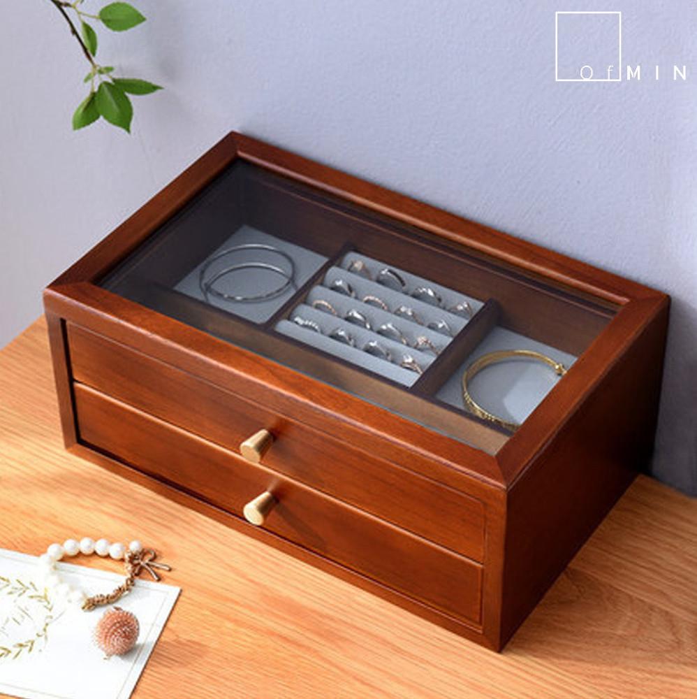 원목 패턴 유리 2단 쥬얼리 악세사리 귀걸이 목걸이 반지 케이스 보석 정리함 보석함 보관함