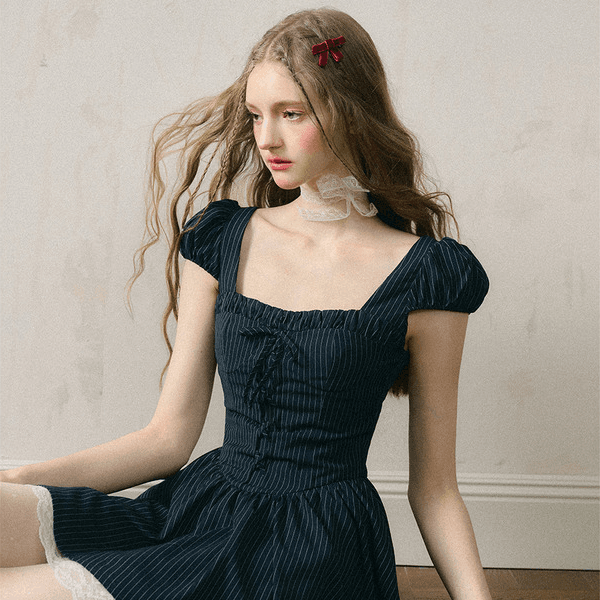 Lace Navy Stripe Puff Sleeve Dress