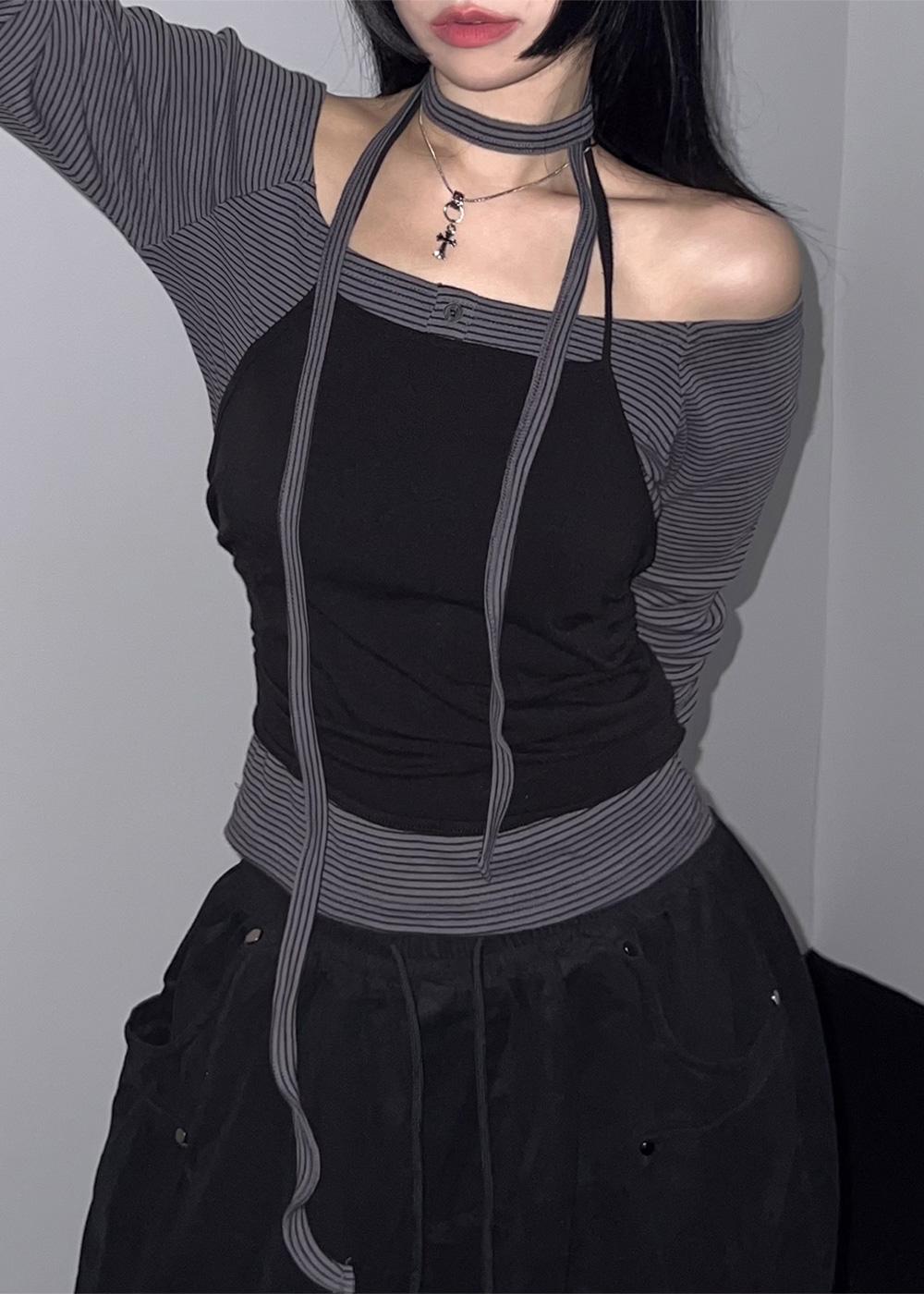 LILY STRPE OFF-SHOULDER MUGLER SET LONG SLEEVE TEE 2color /  릴리 스트라이프 오프숄더 머플러 세트 긴팔티