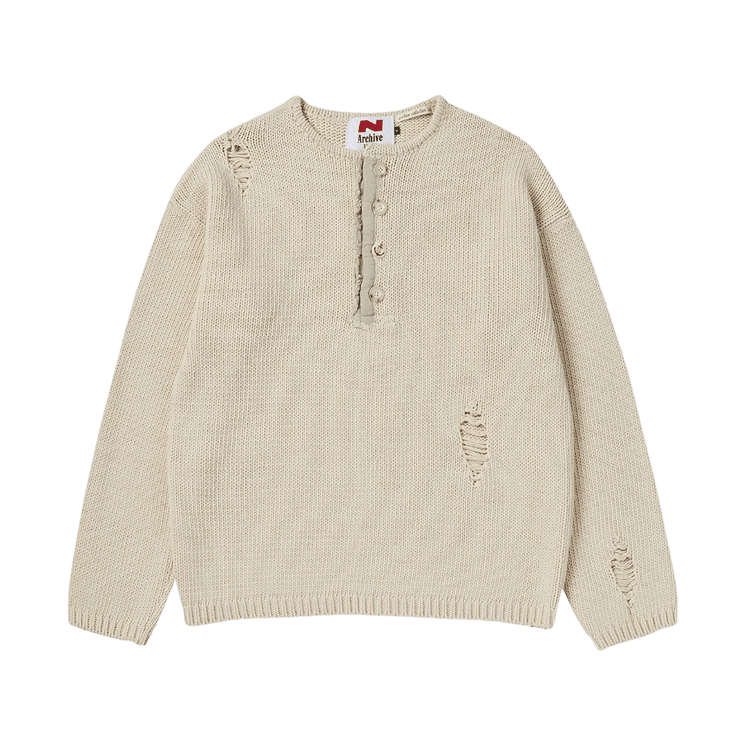 엔 아카이브 아카이브 헤비 웨이트 코튼 데미지 디테일 헨리넥 니트 아이보리
