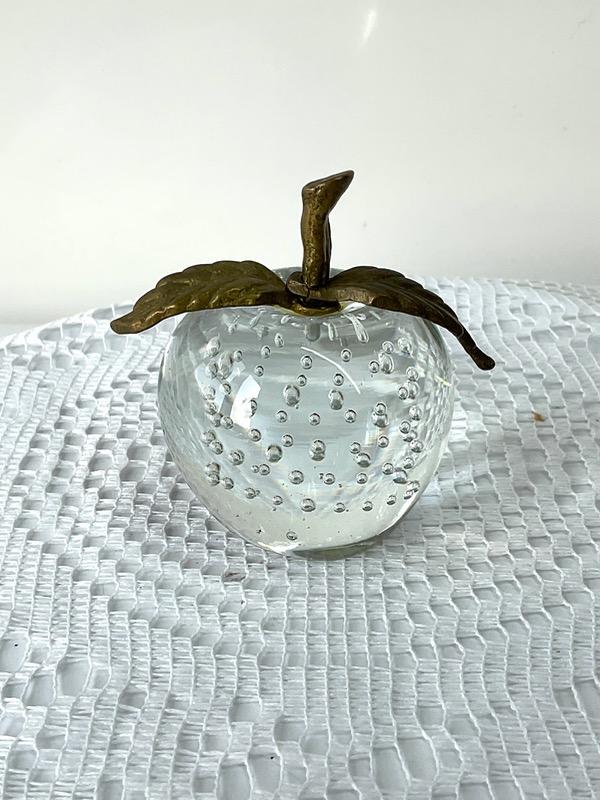 Art Glass Controlled Bubble Apple Paperweight with Brass Top
