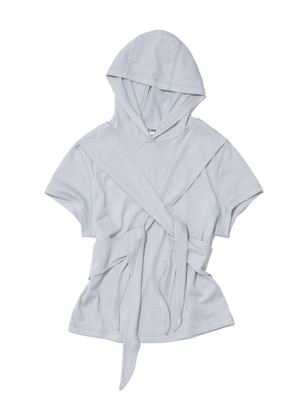 [WOMEN] TIE-UP HOODIE SHORT SLEEVE TEE_LIGHT GREY