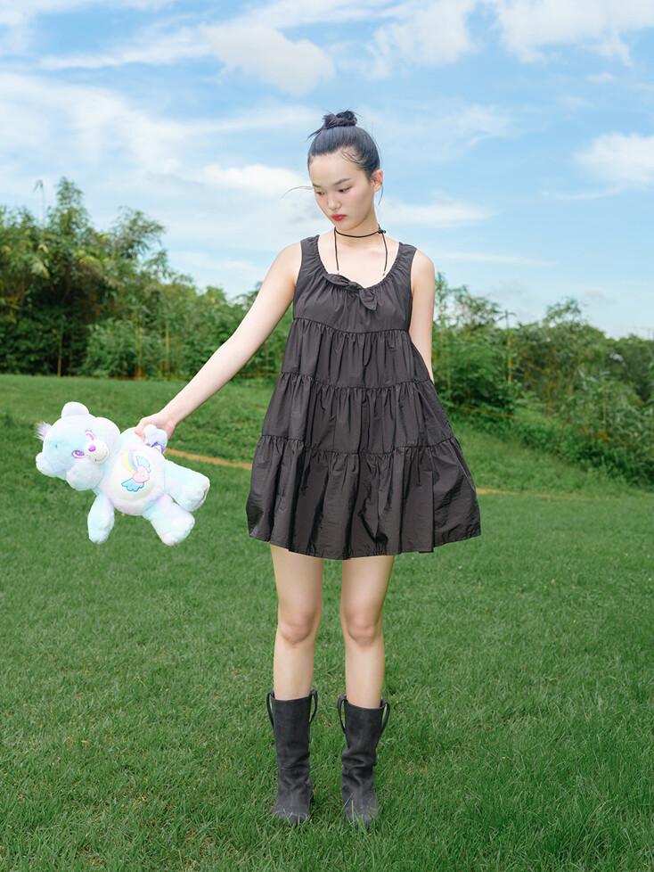 SHIRRING RIBBON MINI DRESS_SOFT BLACK