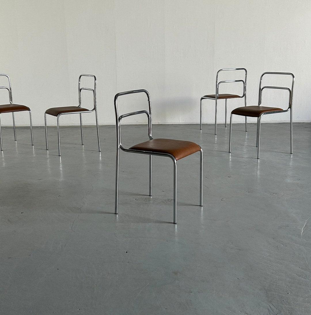 Bauhaus Design Chrome Tubular Steel and Brown Faux Leather Dining Chairs, 1980s Vintage Italian Modernist Stackable Dining Chairs