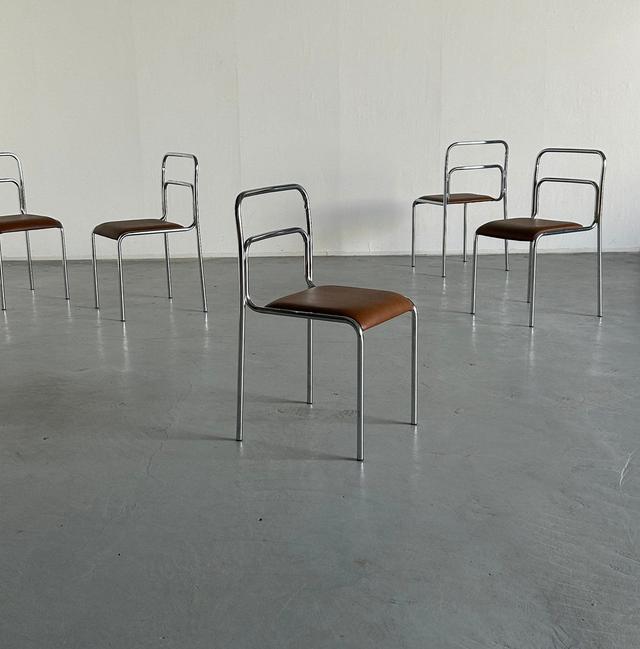 Bauhaus Design Chrome Tubular Steel and Brown Faux Leather Dining Chairs, 1980s Vintage Italian Modernist Stackable Dining Chairs
