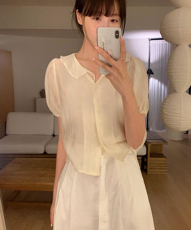 니어웨어 [여름블라우스🌊] 카란 반팔 카라 블라우스 (3color)/반팔블라우스/퍼프블라우스/소매밴딩/러플블라우스/하객룩/데이트룩