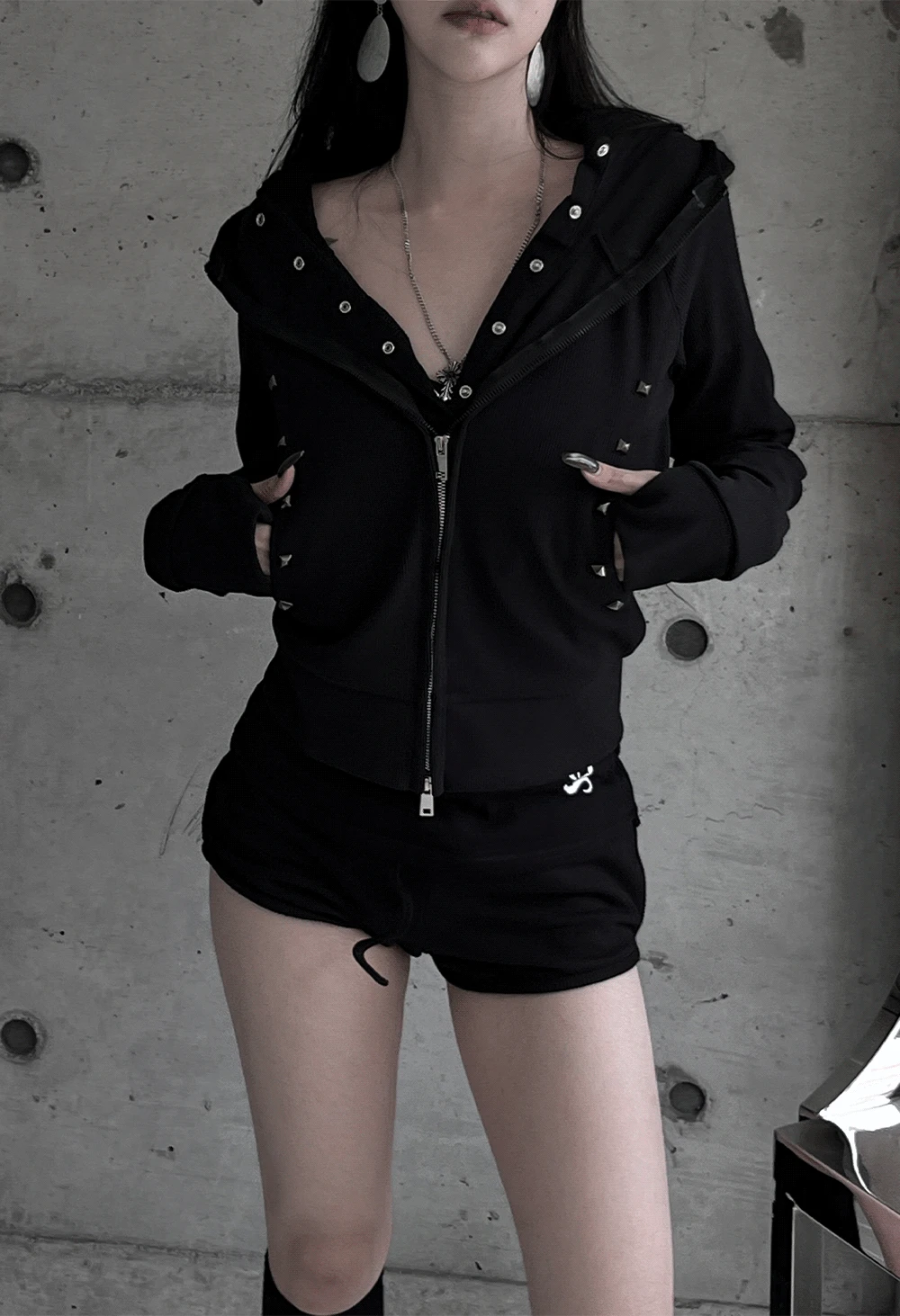 studded slim fit hooded zip-up
