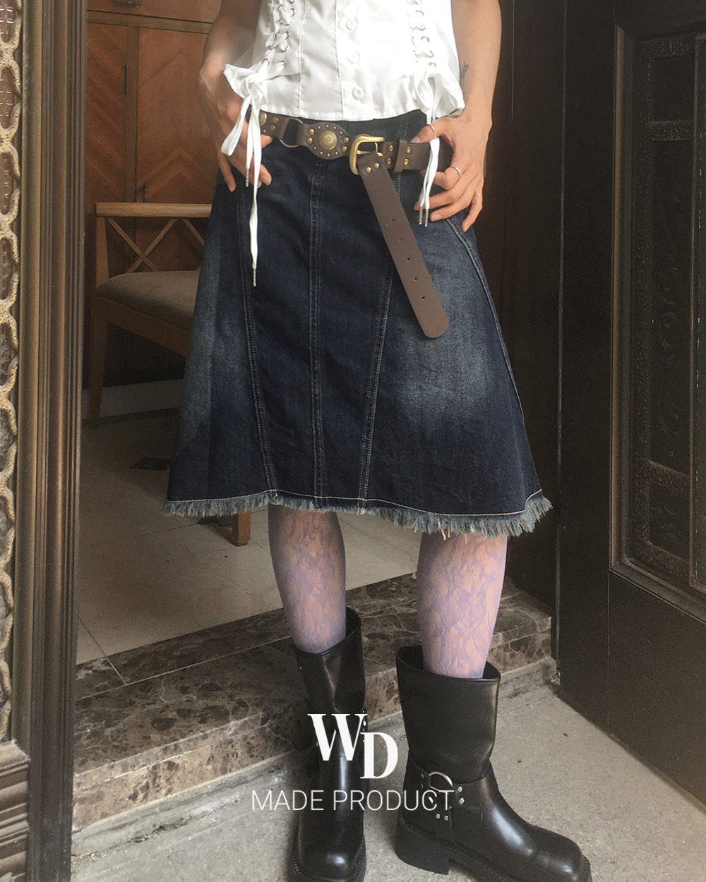 원더원더 [MADE] 딥티 빈티지 프린지 워싱 절개 데님 미디 스커트