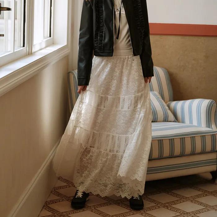 Cest_Lace splicing velvet skirt