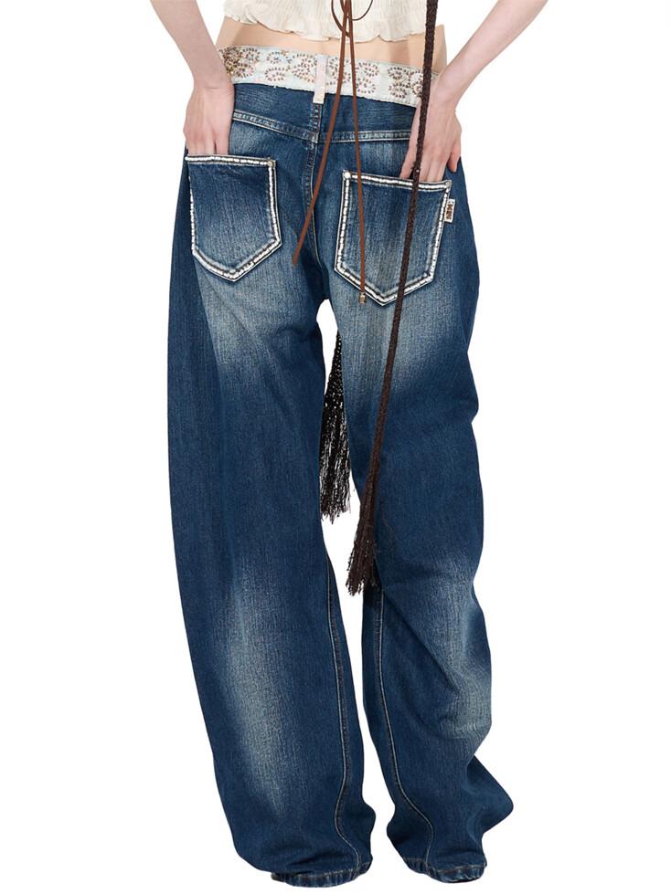 Beaded Waist Denim Pants Indigo Blue