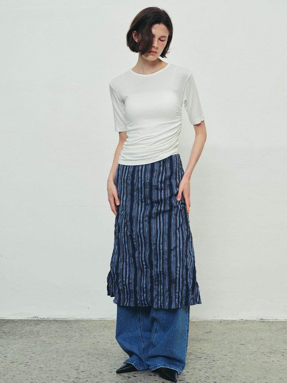 [Pre-Open 25%]STRIPE WRINKLE SKIRT - NAVY