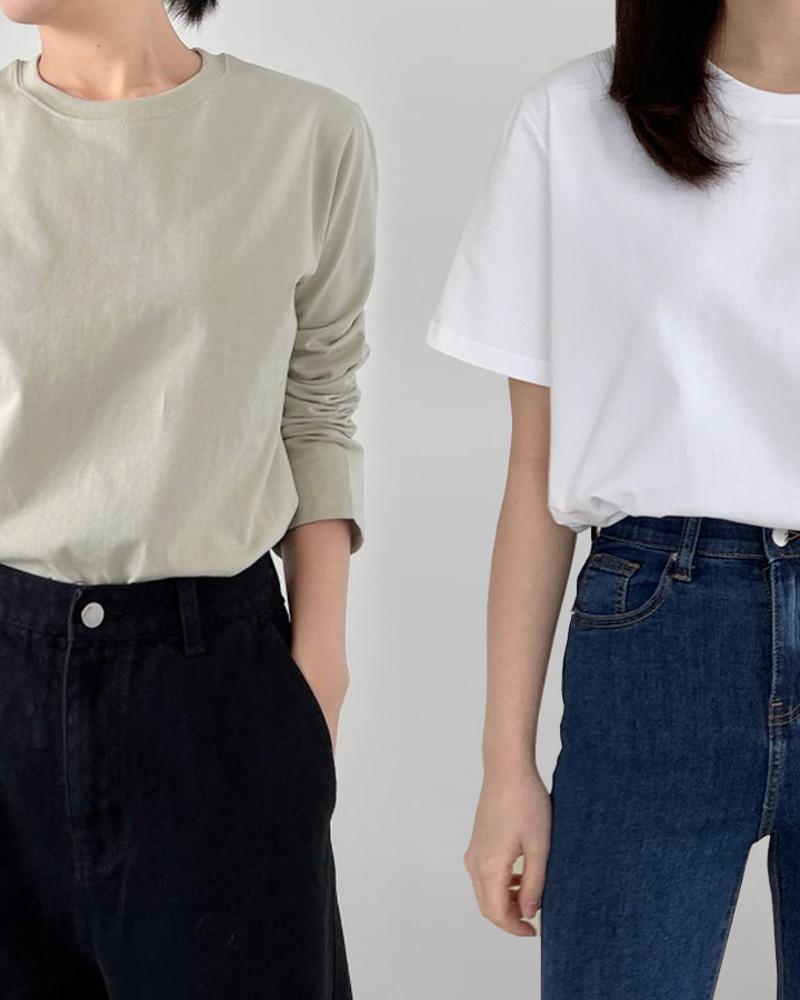 기본 라운드 레이어드 이너 4계절 정핏 긴팔 반팔 짱짱 면스판 여성 티셔츠(M0816)