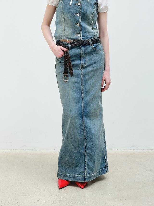 WASHED DENIM LONG SKIRT - BLUE
